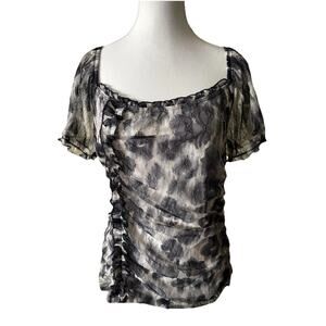 AB Studio Sheer Black Lace Ruched Top Size L Romantic Ruffle Mesh Overlay Goth